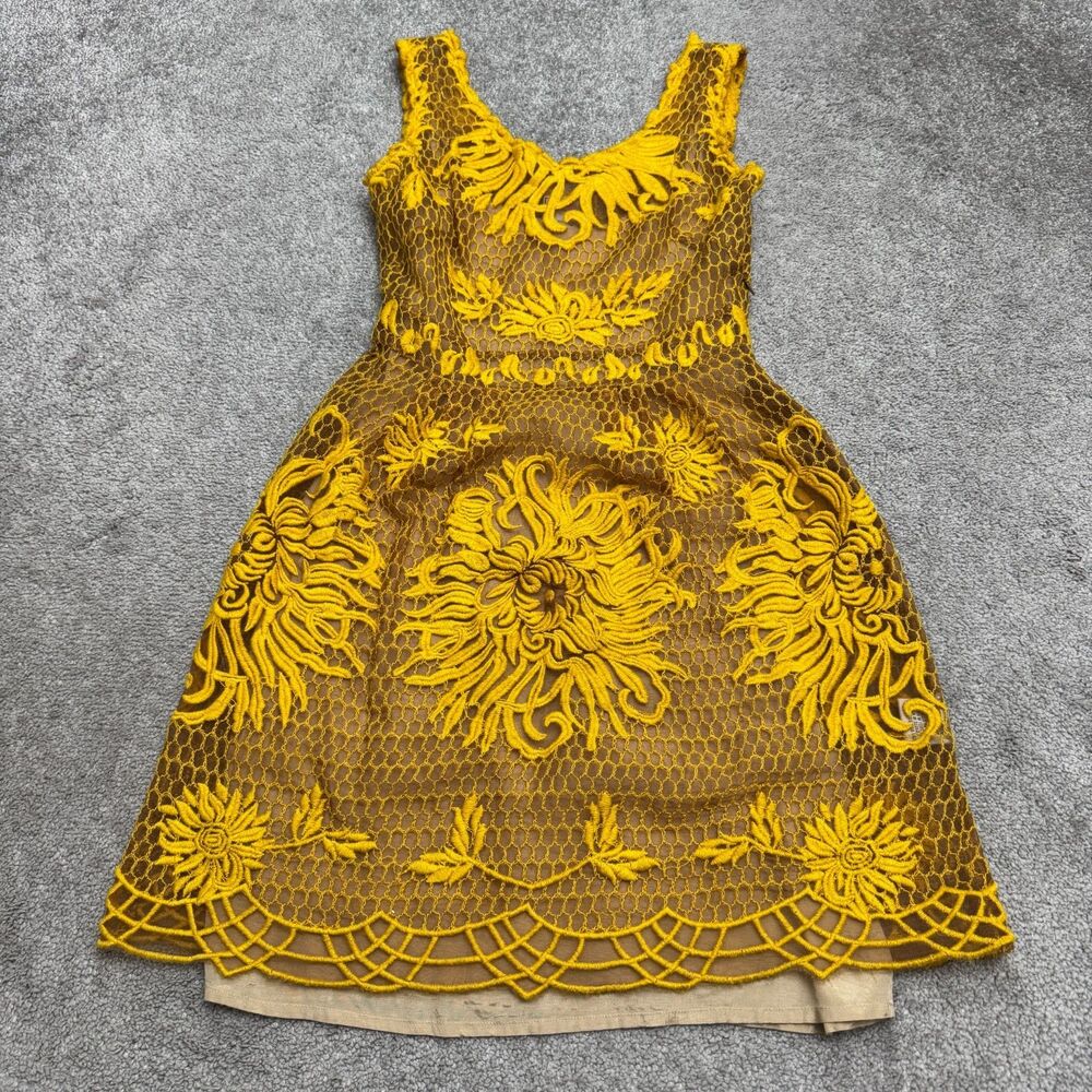 Anthropologie Yoana Baraschi Silk Floral Honeycomb Lace Dress Womens 0 Yellow